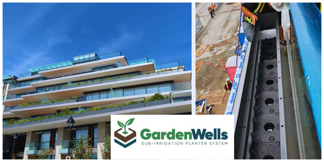 A split-screen collage showing a modern apartment building with green terraces on the left and workers installing a long sub-irrigation planter channel on the right. A GardenWells logo banner is overlaid at the bottom center.