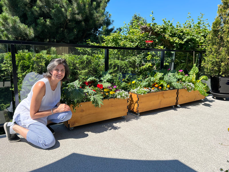 A woman in a white sleeveless top and light blue pants kneels beside three low rider garden beds filled with colorful flowers and green plants on an outdoor patio.